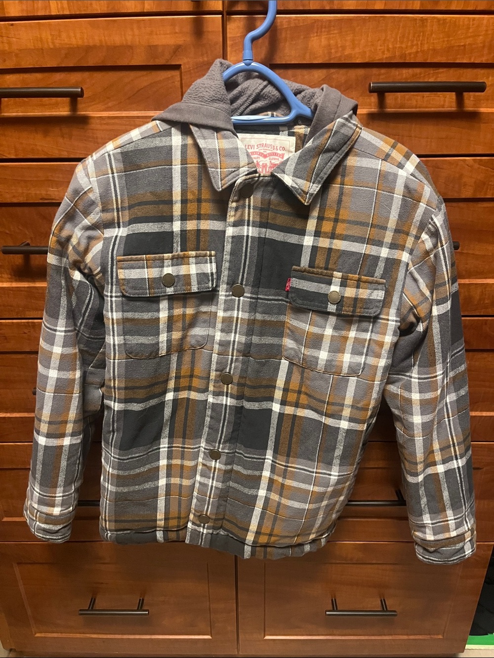 Levi’s Plaid Hooded Jacket in Gray & Brown